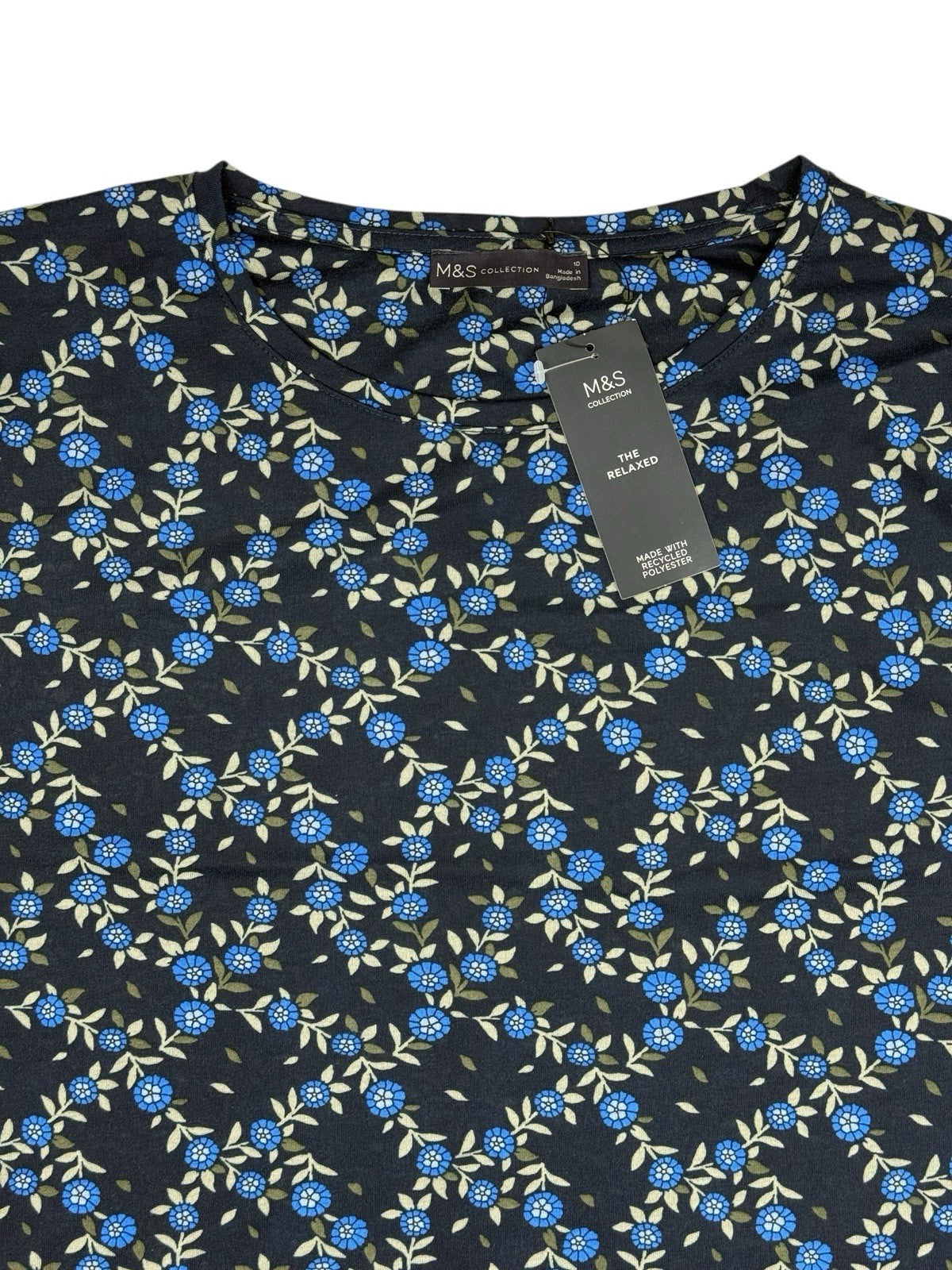 BNWT M&S Blue Floral Polyester 3/4 Sleeve Relaxed Fit Top