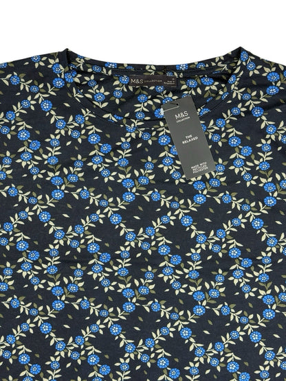 BNWT M&S Blue Floral Polyester 3/4 Sleeve Relaxed Fit Top