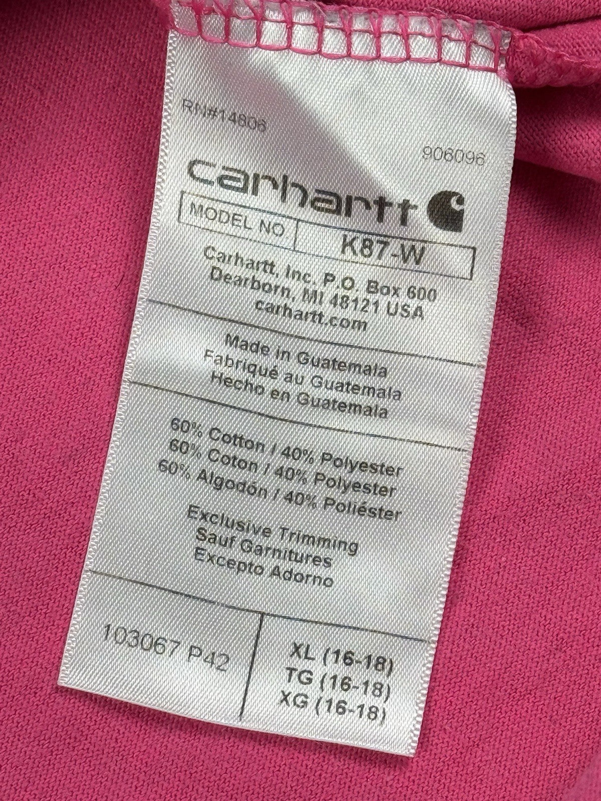 Carhartt Pink K87-W Pocket T-Shirt Loose Fit Women's XL (16-18)