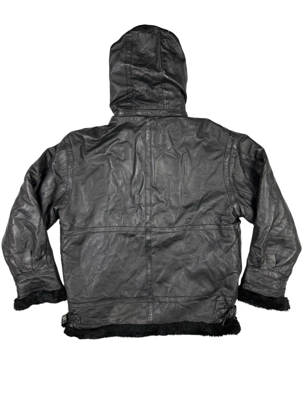 Sergio Benini Retro Y2K Black Fur Lined Hooded Leather Jacket Large