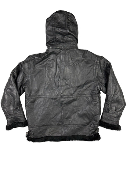 Sergio Benini Retro Y2K Black Fur Lined Hooded Leather Jacket Large