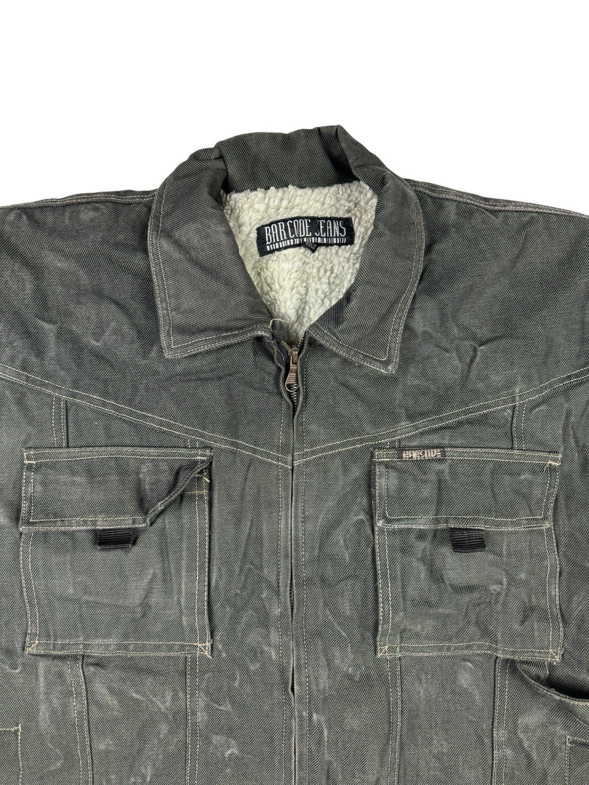 Barcode Jeans Grey Denim Y2K Sherpa Lined Utility Jacket XL