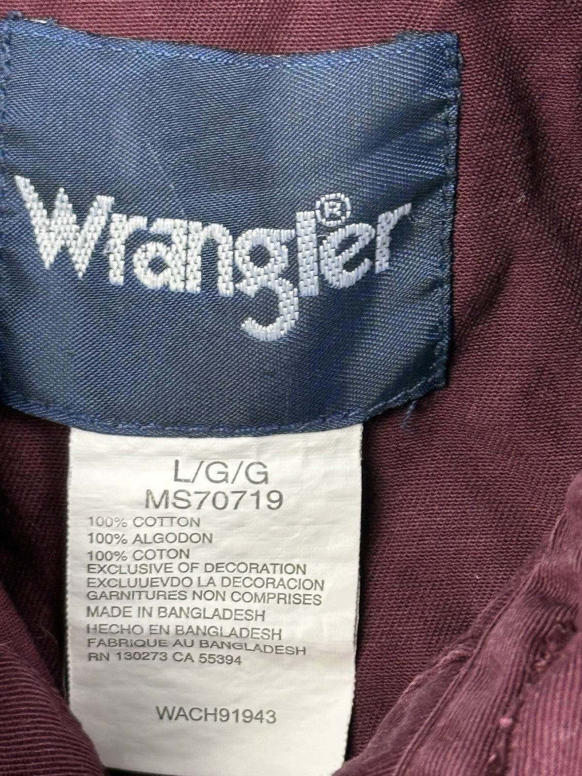 Wrangler Maroon Western Cowboy Pearl Snap Shirt Large