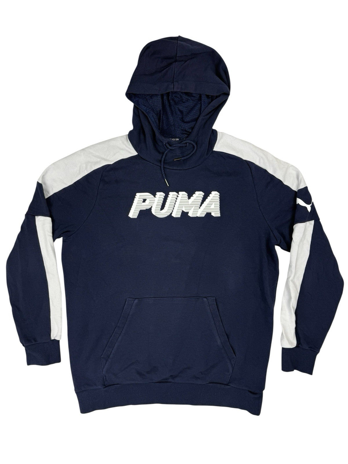 Puma Blue Colourblock Print Spellout Logo Hoodie Sweatshirt Medium