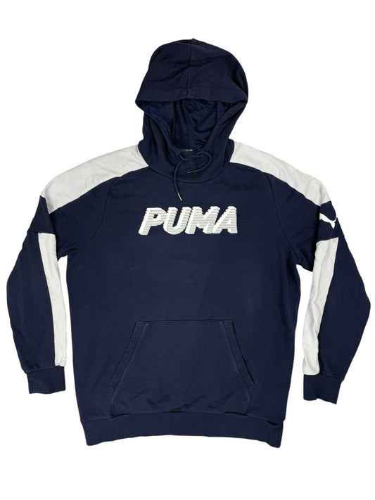 Puma Blue Colourblock Print Spellout Logo Hoodie Sweatshirt Medium