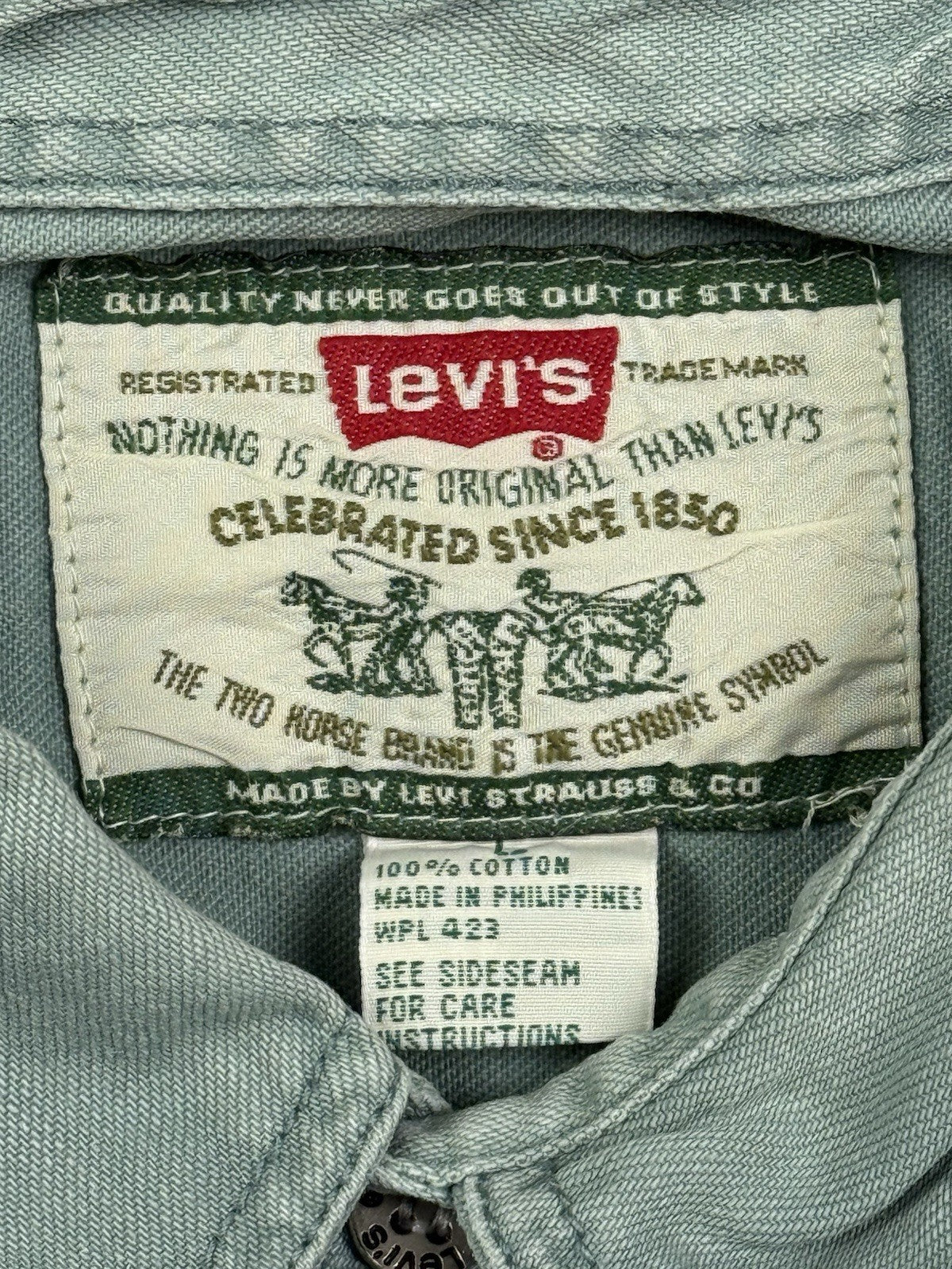 Levi's Vintage 90's Teal Green Button Up Western Cotton Denim Shirt Large