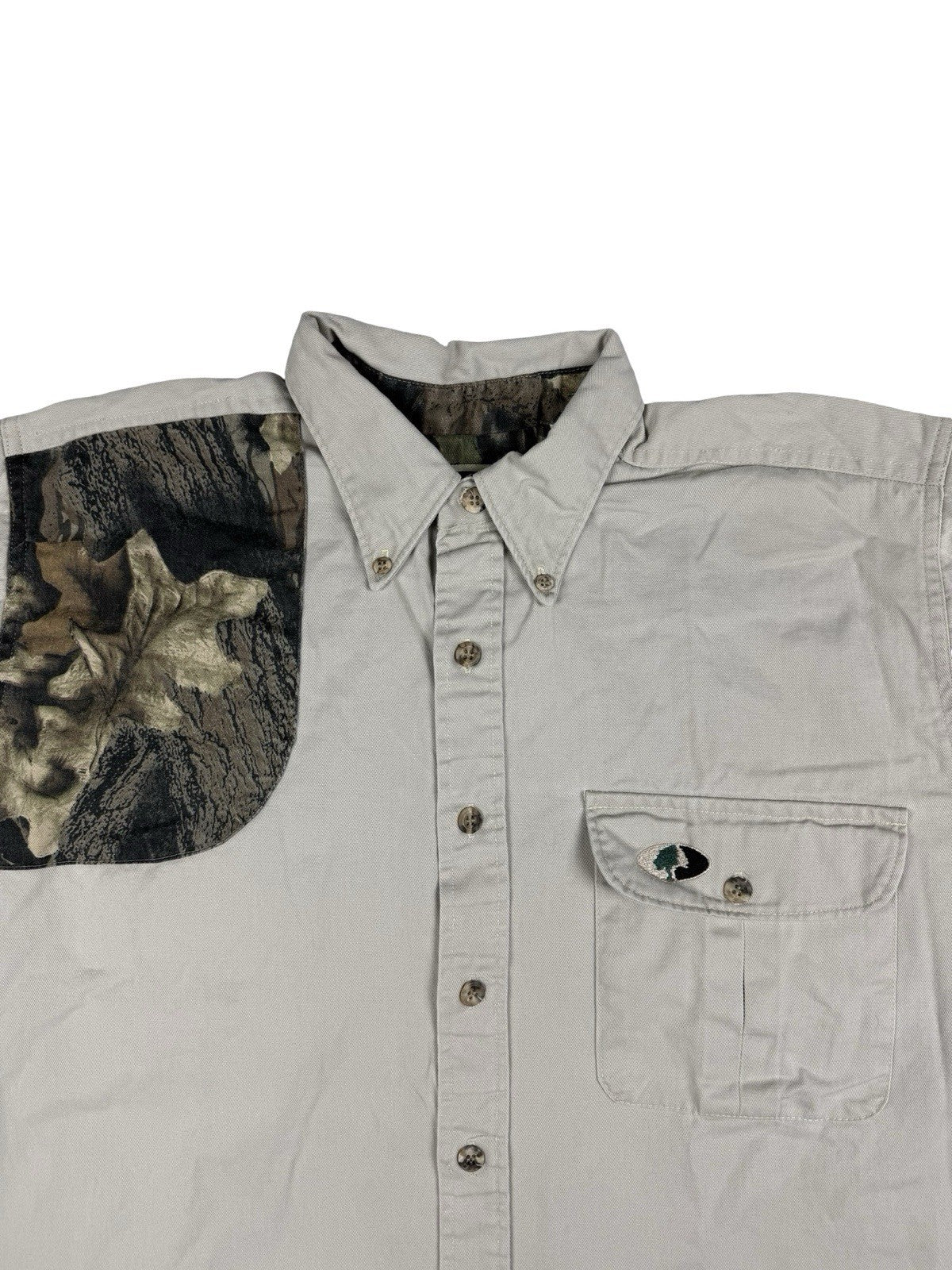 Mossy Oak Vintage Grey Camo Patch Cotton Shirt Size Large Made In USA