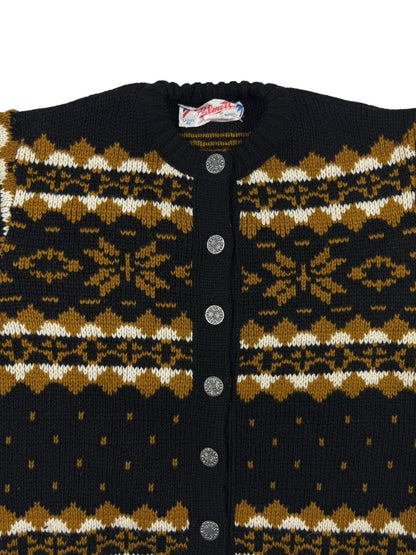 Vintage Norwegian Wool Black Snowflake Pattern Cardigan Women's Medium