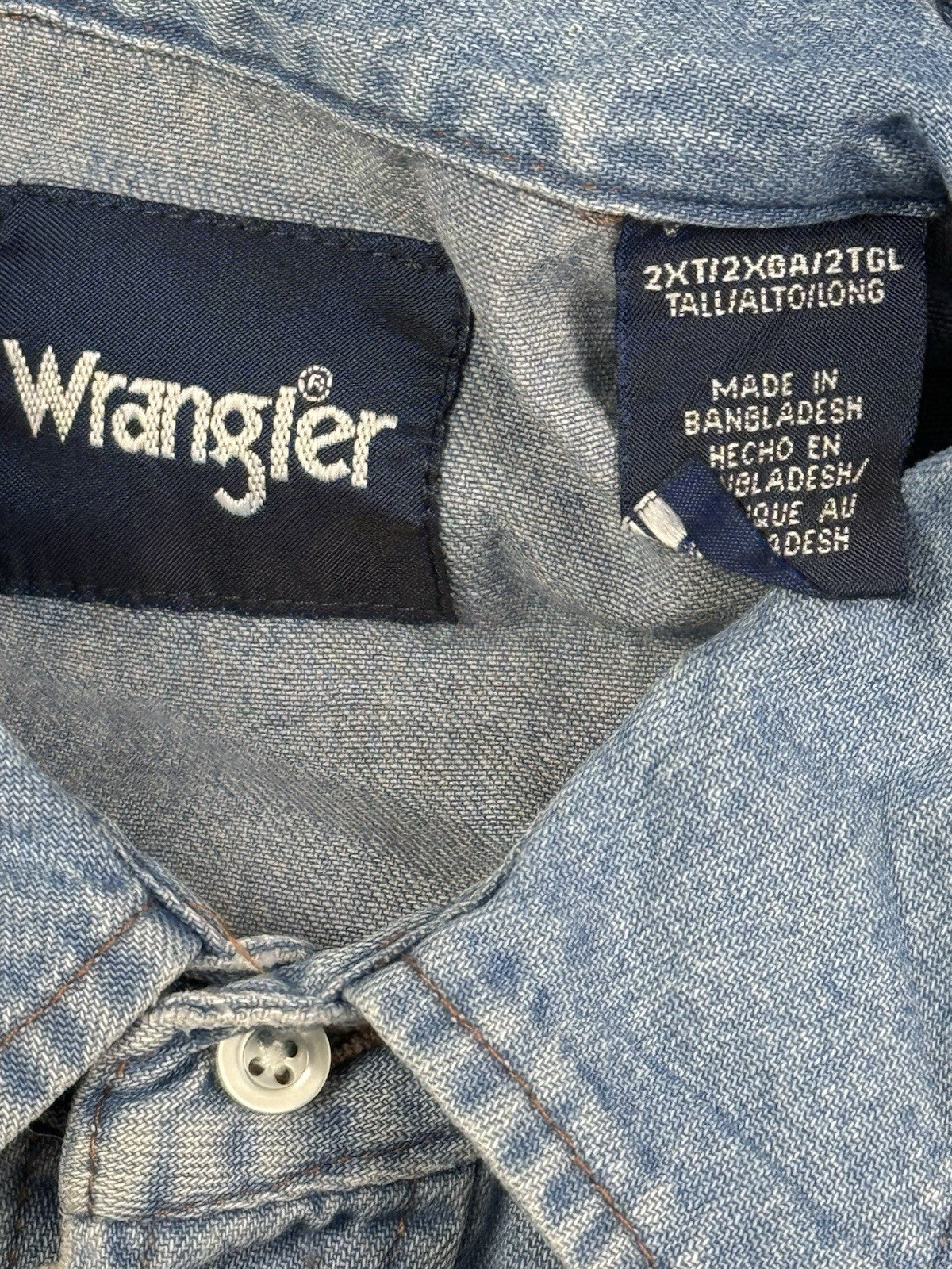 Wrangler Pearl Snap Blue Denim Western Cowboy Shirt 2XL Tall