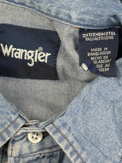 Wrangler Pearl Snap Blue Denim Western Cowboy Shirt 2XL Tall