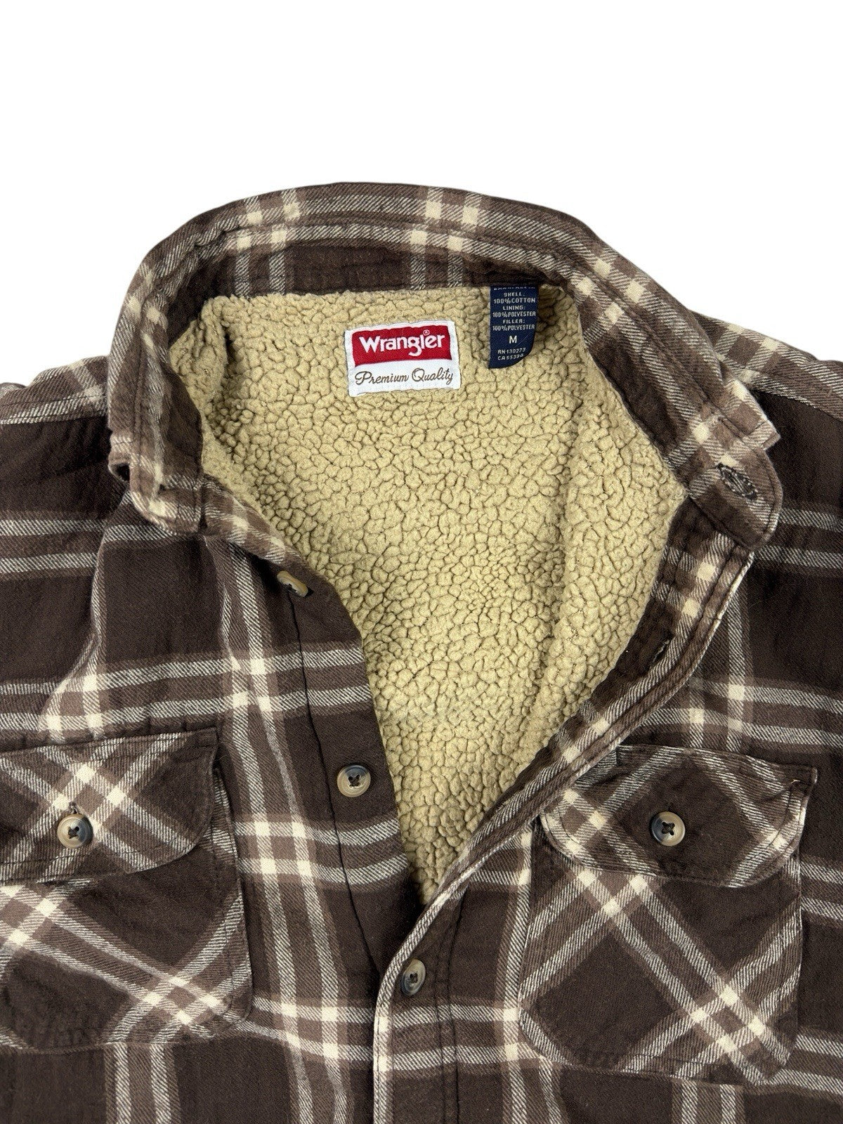 Wrangler Brown Plaid Shearling Fleece Lined Shirt Jacket Medium