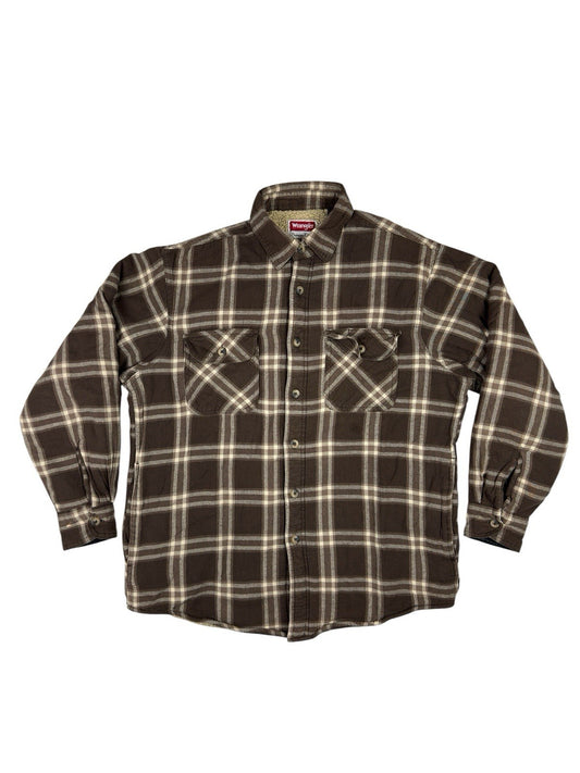 Wrangler Brown Plaid Shearling Fleece Lined Shirt Jacket Medium