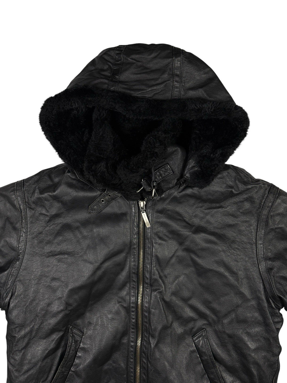 Sergio Benini Retro Y2K Black Fur Lined Hooded Leather Jacket Large