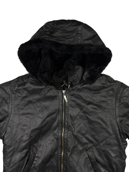 Sergio Benini Retro Y2K Black Fur Lined Hooded Leather Jacket Large