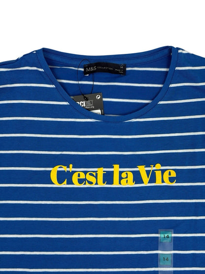 BNWT M&S Blue Stripe C'est la Vie Cotton Blend Top