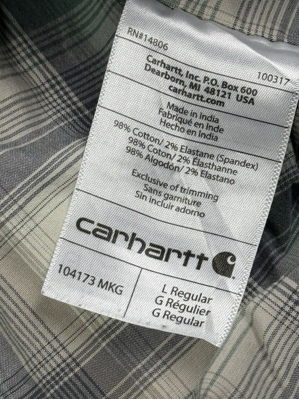 Carhartt Green Grey Plaid Short Sleeve Relaxed Fit Button Shirt Large Regular