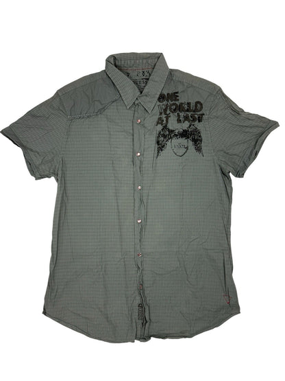 GUESS Green Embroidered One World Collared Shirt Large