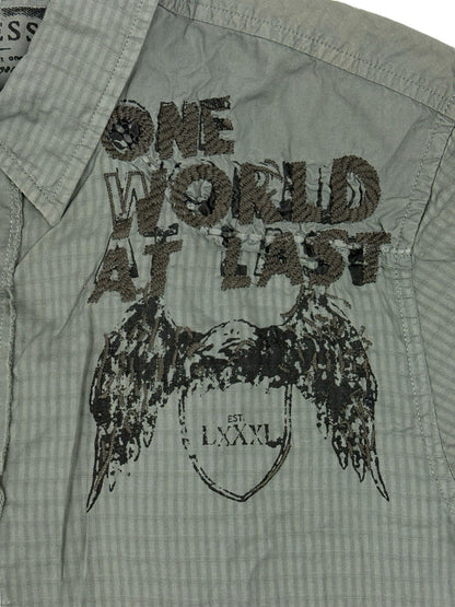 GUESS Green Embroidered One World Collared Shirt Large