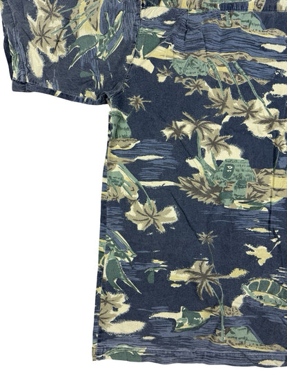 Pacific Scene Retro Blue Hawaiian Floral Beach Holiday Shirt XL