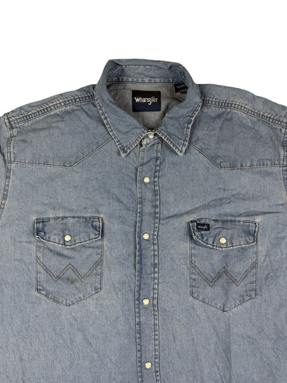Wrangler Pearl Snap Blue Denim Western Cowboy Shirt 2XL Tall