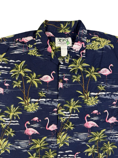 Vintage Ky's Blue Hawaiian Cotton Beach Holiday Flamingo Tropical Shirt XL