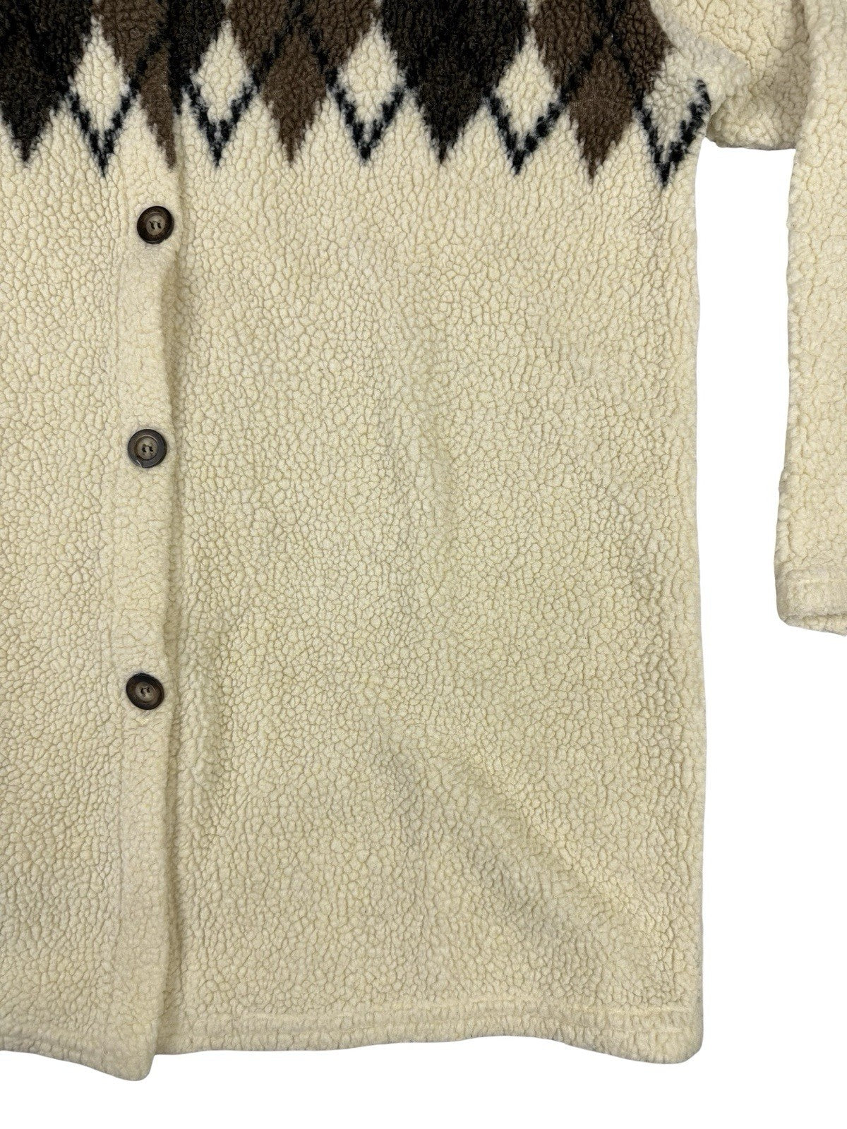 Essentials Style Retro Cream Argyle Fleece Button Jacket Medium
