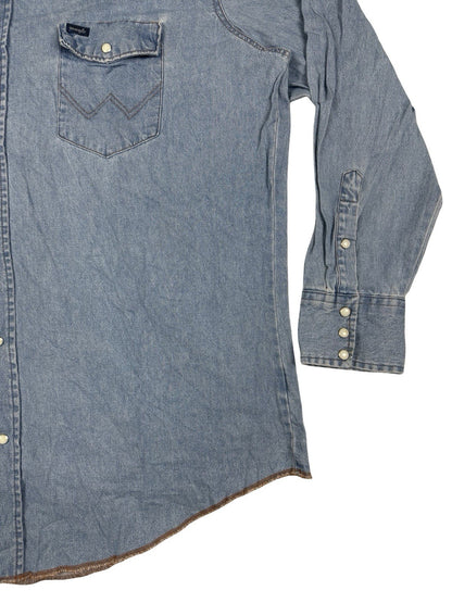 Wrangler Pearl Snap Blue Denim Western Cowboy Shirt 2XL Tall