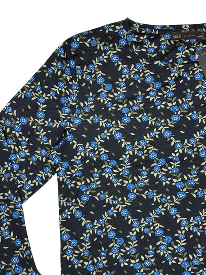 BNWT M&S Blue Floral Polyester 3/4 Sleeve Relaxed Fit Top