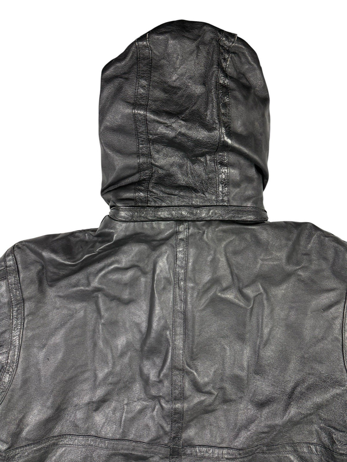 Sergio Benini Retro Y2K Black Fur Lined Hooded Leather Jacket Large