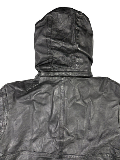 Sergio Benini Retro Y2K Black Fur Lined Hooded Leather Jacket Large