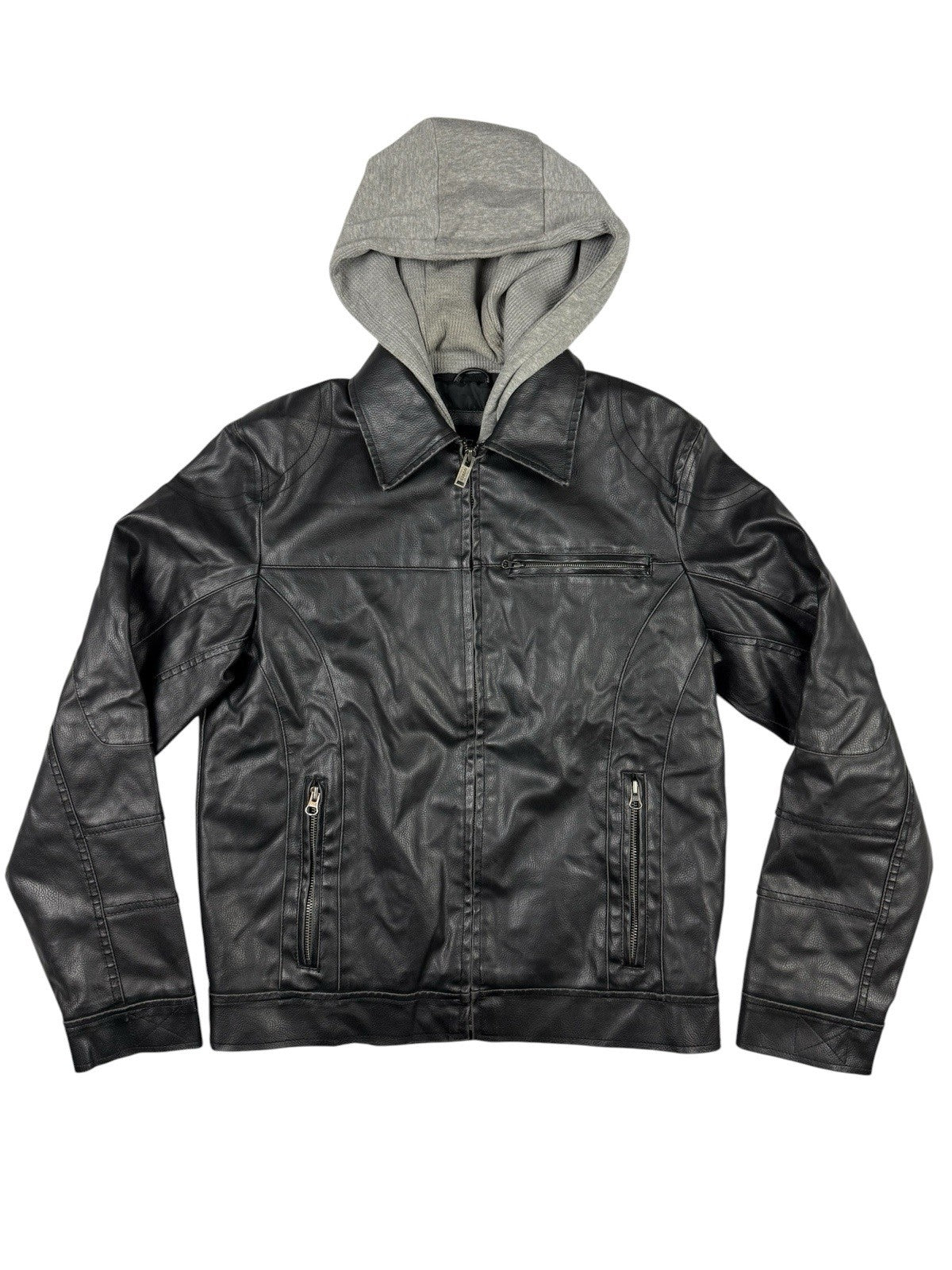 GUESS Retro Y2K Black Faux Leather Zip Out Hooded Jacket Size Small