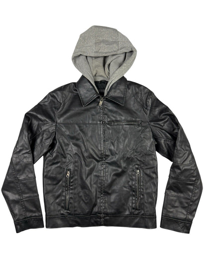 GUESS Retro Y2K Black Faux Leather Zip Out Hooded Jacket Size Small