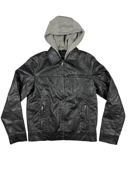 GUESS Retro Y2K Black Faux Leather Zip Out Hooded Jacket Size Small