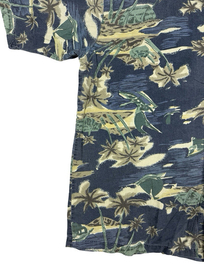 Pacific Scene Retro Blue Hawaiian Floral Beach Holiday Shirt XL