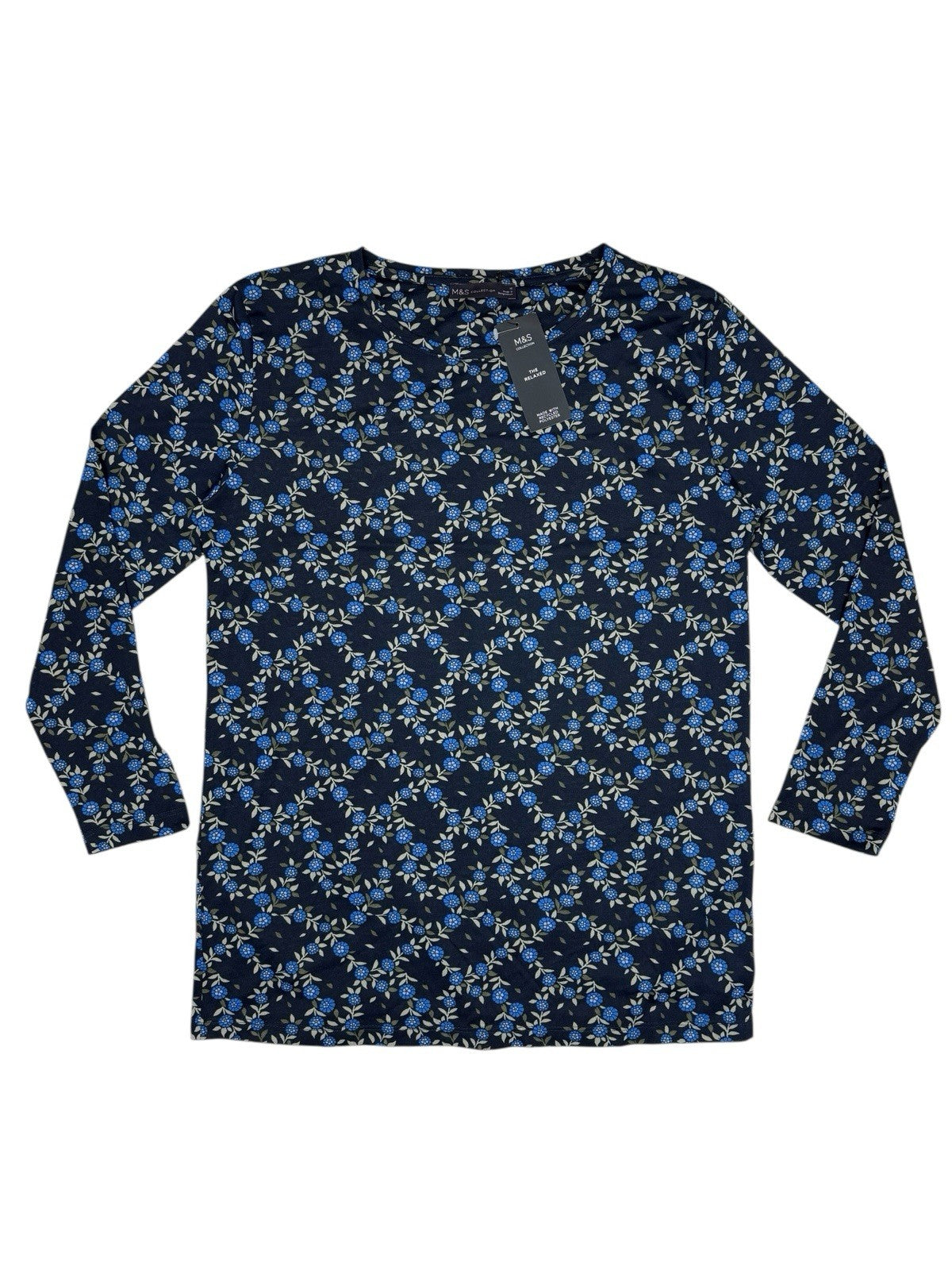 BNWT M&S Blue Floral Polyester 3/4 Sleeve Relaxed Fit Top