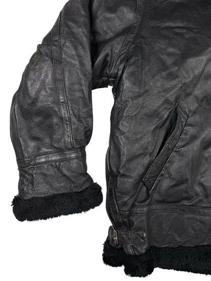 Sergio Benini Retro Y2K Black Fur Lined Hooded Leather Jacket Large